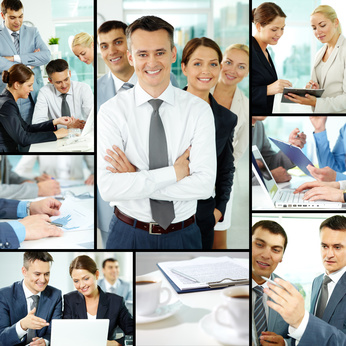 Collage of business group in office during working day